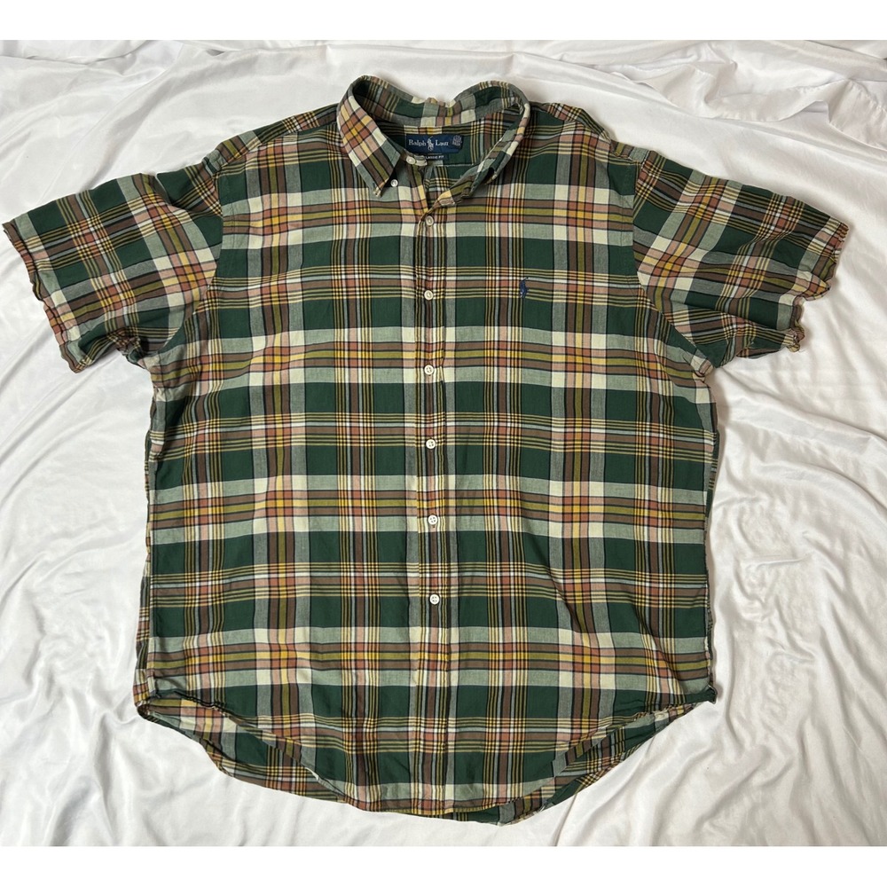 Ralph Lauren Mens XXL Classic Fit Green Plaid Button Up Polo Shirt Short Sleeve